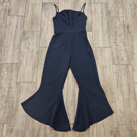 Likely Jumpsuit Women Size 4 Pasha Cropped Ruffle Flare Leg Spaghetti Strap Navy - Picture 3 of 14